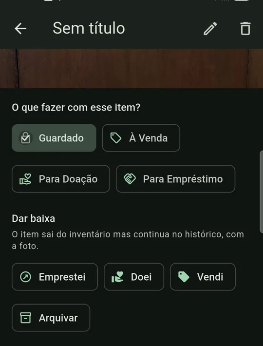 Tela de um item com as ações Guardado, À Venda, Para Doação, Para Empréstimo e as baixas Emprestei, Doei, Vendi e Arquivar