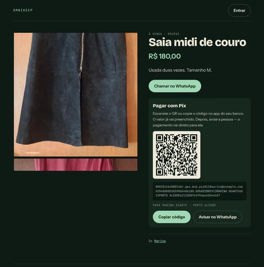 Página pública de uma saia à venda por R$ 180, com QR de Pix, código copia e cola e botão de WhatsApp